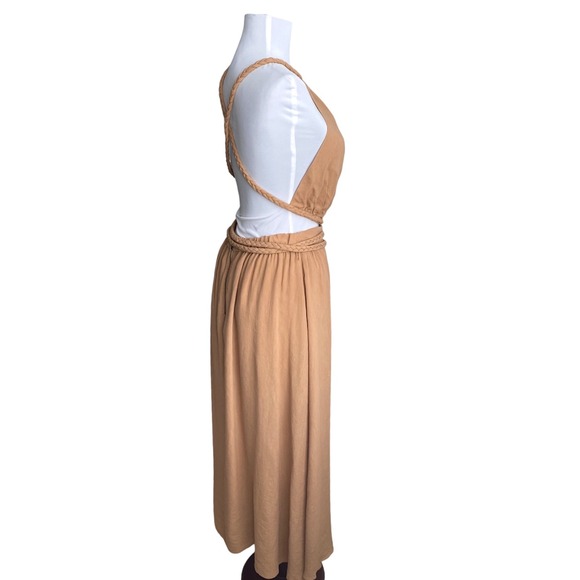 NEW‎ ALICE + OLIVIA Faith Braided Cut Out Open Back Midi Dress Size 6 Tan Linen - Picture 7 of 12